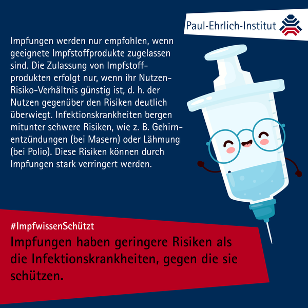 verweist auf: #ImpfwissenSchützt Faktenpostkarte Impfungen haben geringere Risiken als die Infektionskrankheiten, gegen die sie schützen. (verweist auf: #ImpfwissenSchützt)